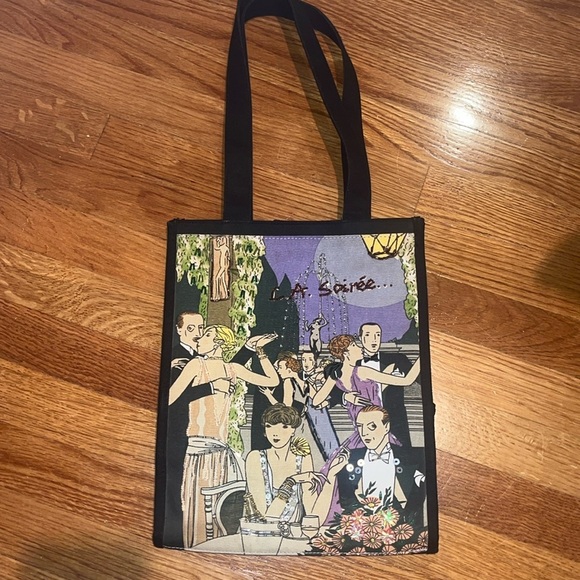 Handbags - L.A. Soiree Velcro black canvas tote w/ embellished print  NWOT